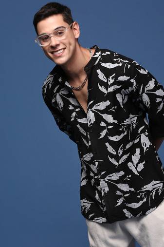 men's mandarin collar abstract black slim fit shirt