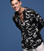 men's mandarin collar abstract black slim fit shirt