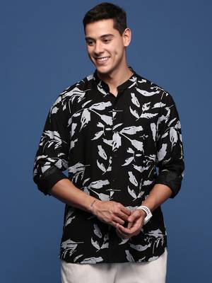 men's mandarin collar abstract black slim fit shirt 2