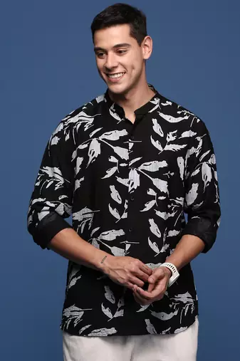 men's mandarin collar abstract black slim fit shirt