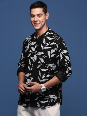 men's mandarin collar abstract black slim fit shirt 3