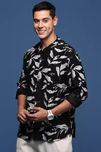 men's mandarin collar abstract black slim fit shirt