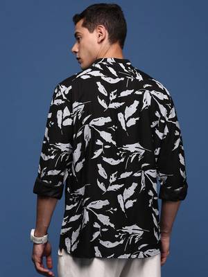 men's mandarin collar abstract black slim fit shirt 4