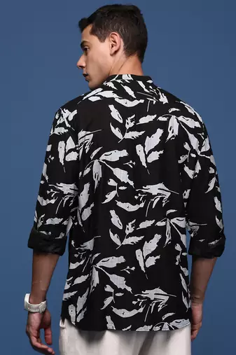 men's mandarin collar abstract black slim fit shirt