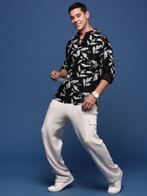 men's mandarin collar abstract black slim fit shirt 5