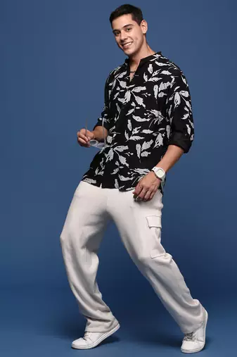 men's mandarin collar abstract black slim fit shirt