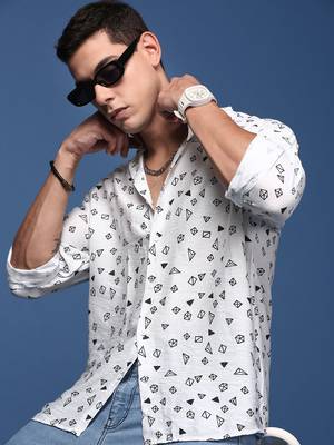 men's mandarin collar geometric white slim fit shirt 1