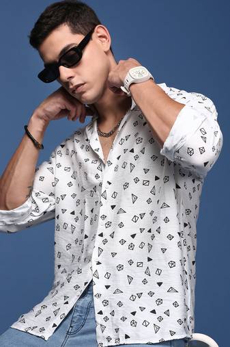 men's mandarin collar geometric white slim fit shirt