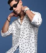 men's mandarin collar geometric white slim fit shirt