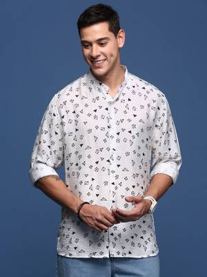 men's mandarin collar geometric white slim fit shirt 2
