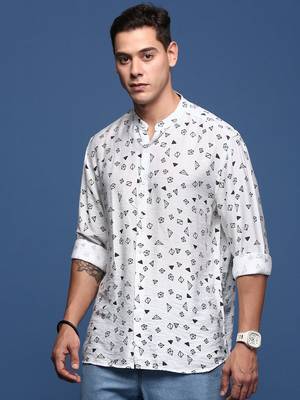 men's mandarin collar geometric white slim fit shirt 3