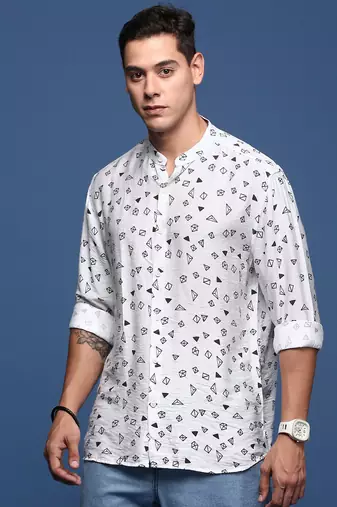 men's mandarin collar geometric white slim fit shirt
