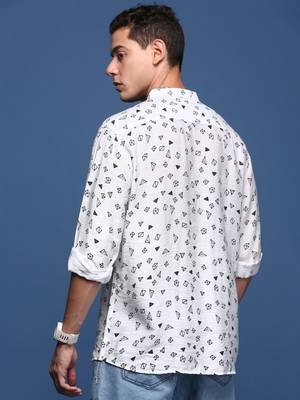 men's mandarin collar geometric white slim fit shirt 4