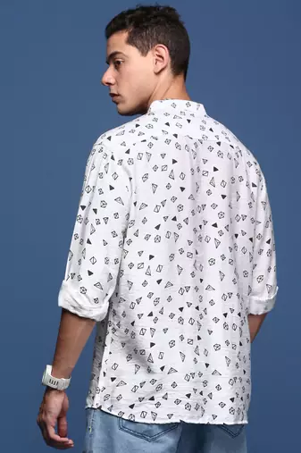 men's mandarin collar geometric white slim fit shirt