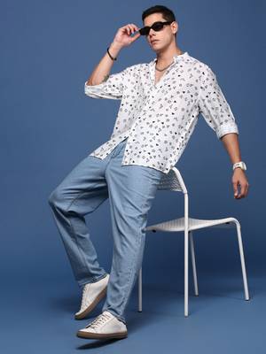 men's mandarin collar geometric white slim fit shirt 5