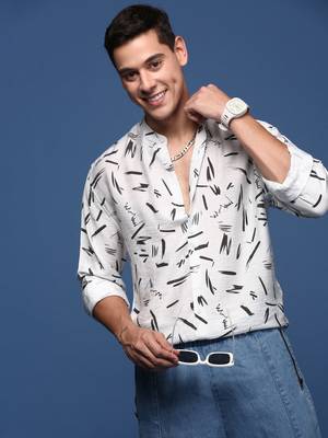 men's mandarin collar abstract white slim fit shirt 1