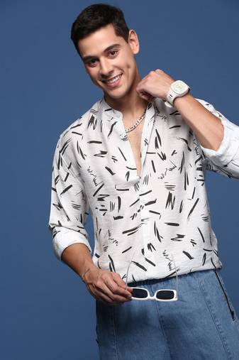 men's mandarin collar abstract white slim fit shirt