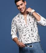 men's mandarin collar abstract white slim fit shirt