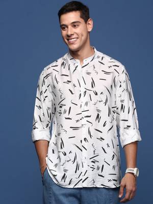 men's mandarin collar abstract white slim fit shirt 2