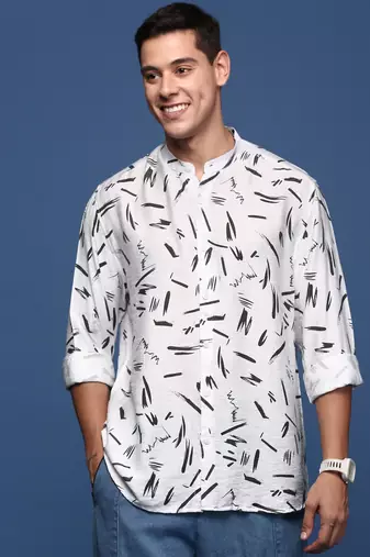 men's mandarin collar abstract white slim fit shirt