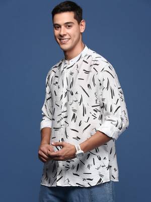 men's mandarin collar abstract white slim fit shirt 3