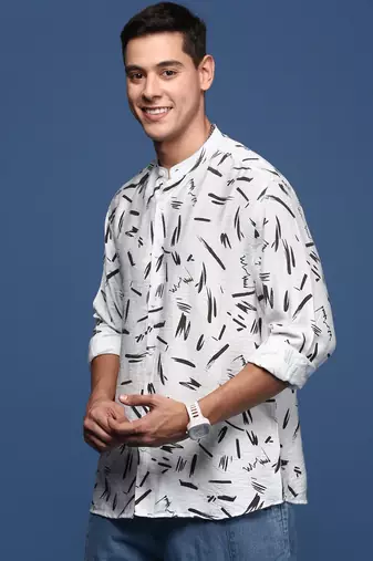 men's mandarin collar abstract white slim fit shirt