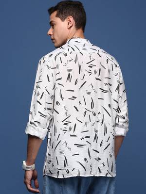 men's mandarin collar abstract white slim fit shirt 4