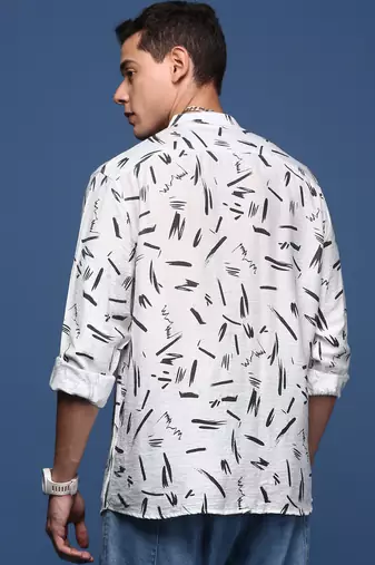men's mandarin collar abstract white slim fit shirt