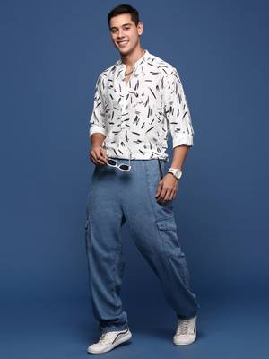 men's mandarin collar abstract white slim fit shirt 5