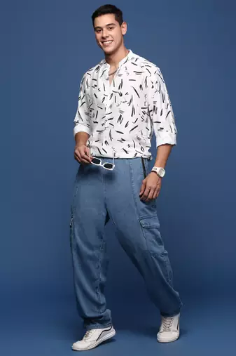 men's mandarin collar abstract white slim fit shirt