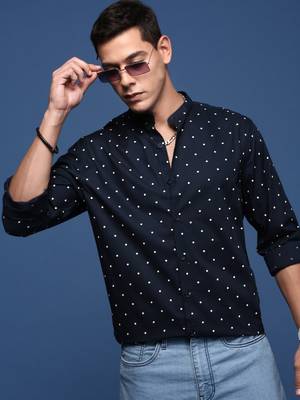 men's mandarin collar polka dots navy blue slim fit shirt 1