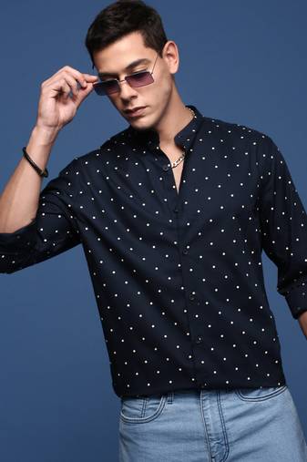 men's mandarin collar polka dots navy blue slim fit shirt