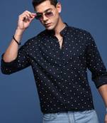 men's mandarin collar polka dots navy blue slim fit shirt