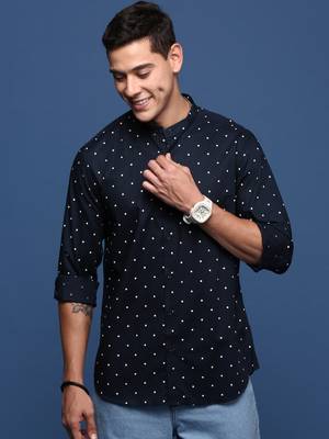 men's mandarin collar polka dots navy blue slim fit shirt 2