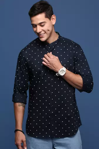 men's mandarin collar polka dots navy blue slim fit shirt