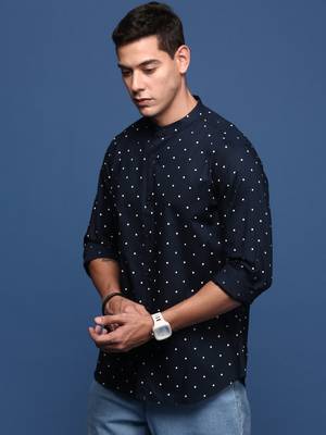 men's mandarin collar polka dots navy blue slim fit shirt 3