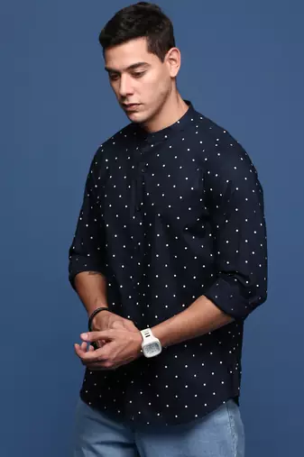men's mandarin collar polka dots navy blue slim fit shirt