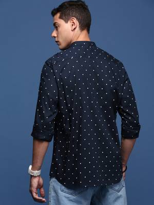 men's mandarin collar polka dots navy blue slim fit shirt 4