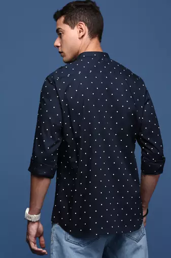 men's mandarin collar polka dots navy blue slim fit shirt