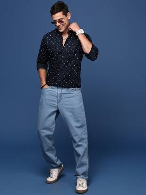 men's mandarin collar polka dots navy blue slim fit shirt 5