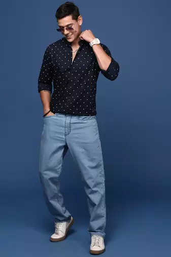 men's mandarin collar polka dots navy blue slim fit shirt
