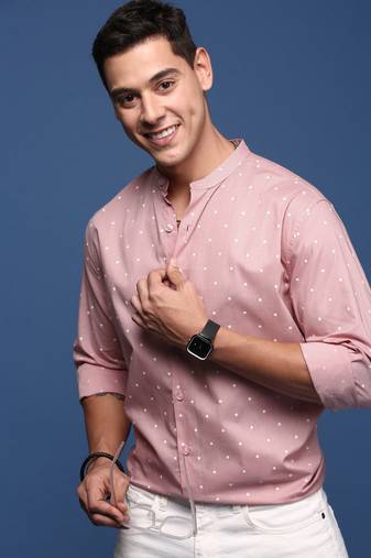 men's mandarin collar polka dots pink slim fit shirt