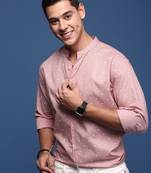 men's mandarin collar polka dots pink slim fit shirt