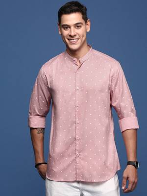 men's mandarin collar polka dots pink slim fit shirt 2