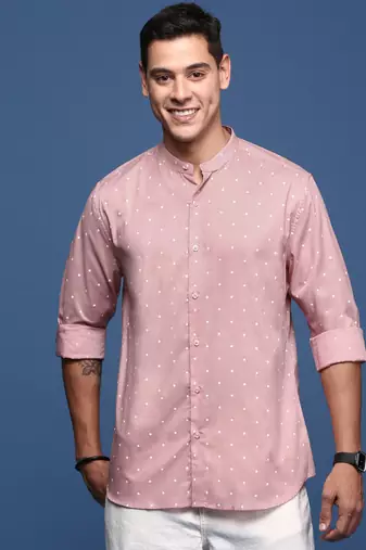 men's mandarin collar polka dots pink slim fit shirt
