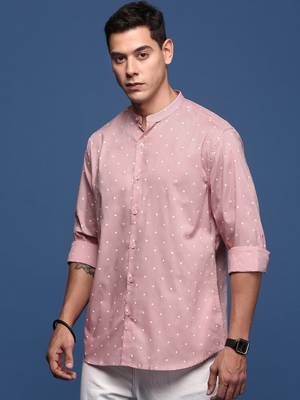 men's mandarin collar polka dots pink slim fit shirt 3