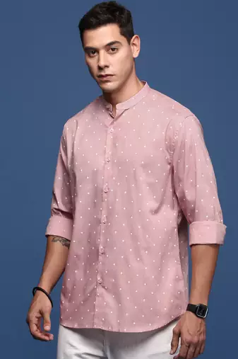 men's mandarin collar polka dots pink slim fit shirt