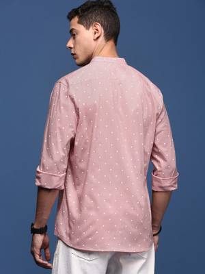 men's mandarin collar polka dots pink slim fit shirt 4