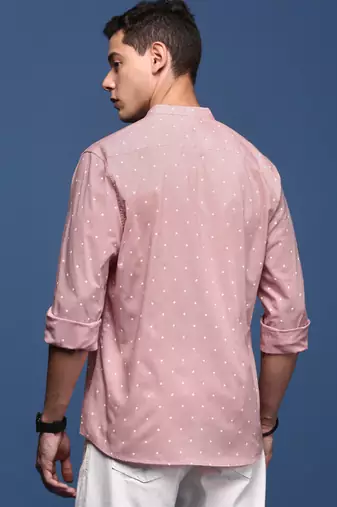 men's mandarin collar polka dots pink slim fit shirt