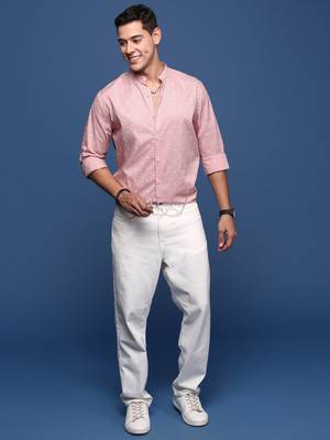 men's mandarin collar polka dots pink slim fit shirt 5